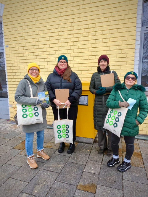 Vier Personen posieren für ein Foto. Sie tragen Winterbekleidung. Sie halten Taschen mit der Aufschrift „gruene.de“