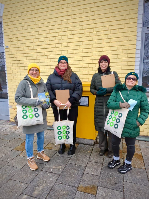 Vier Personen posieren für ein Foto. Sie tragen Winterbekleidung. Sie halten Taschen mit der Aufschrift „gruene.de“