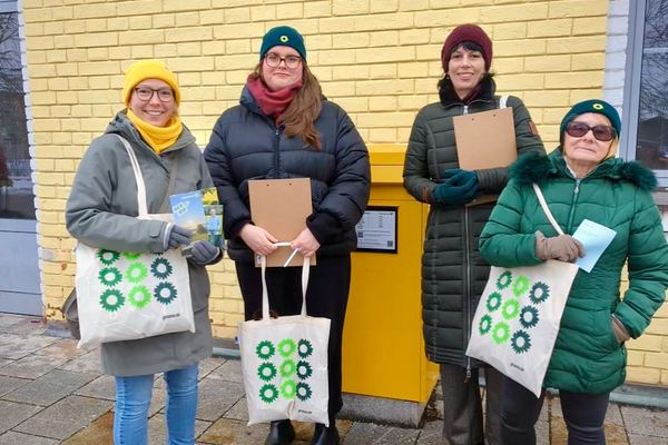 Vier Personen posieren für ein Foto. Sie tragen Winterbekleidung. Sie halten Taschen mit der Aufschrift „gruene.de“