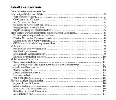 Inhaltsverzeichnis des GRÜNEN Wahlprogramms für die Kommunalwahl 2026