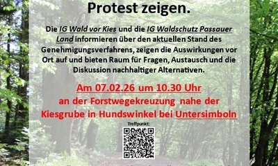 Einladung zur Informationsveranstaltung "Kein Weiter so beim Kiesabbau – weitere 20 Hektar Wald stehen auf dem Spiel!" der Initiative "Wald vor Kies" am 7. Februar 2026