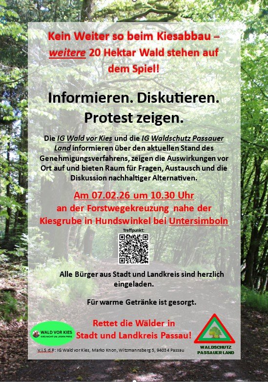 Einladung zur Informationsveranstaltung "Kein Weiter so beim Kiesabbau – weitere 20 Hektar Wald stehen auf dem Spiel!" der Initiative "Wald vor Kies" am 7. Februar 2026
