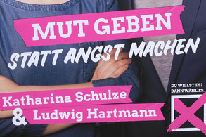Grüne Kampagne mit Spitzenduo: Plakat zur Bayerischen Landtagswahl 2018 mit Katharina Schulze und Ludwig Hartmann. 