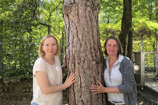 Zwei Frauen lehnen an einem Baum. Es ist Sommer.