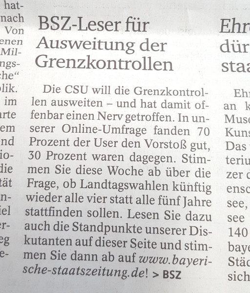 Verstoß gegen den Pressekodex: Am 29. März 2018 veröffentlichte die Bayerische Staatszeitung ein willkürlich zustande gekommenes Ergebnis, bei dem der Eindruck entstehen konnte, Basis sei eine repräsentative Umfrage. 