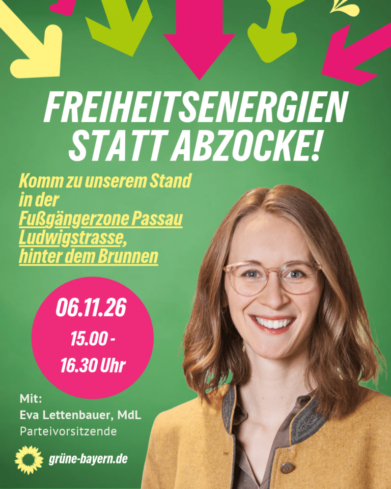 Auf dem Sharepic ist Eva Lettenbauer zu sehen mit einer Veranstaltungsankündigung für einen Pop Up Stand