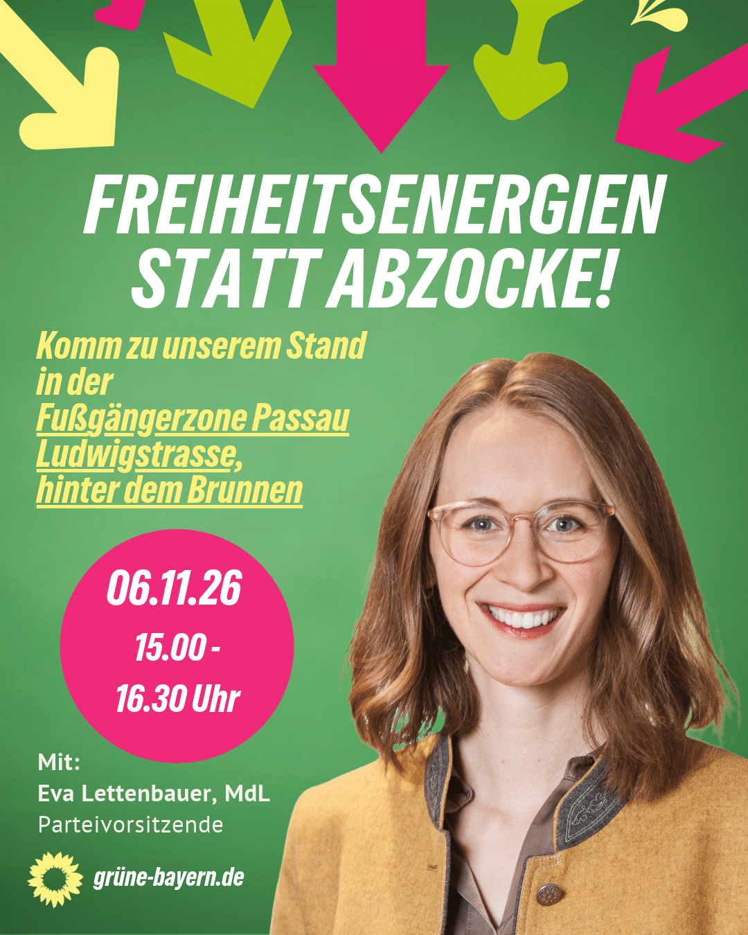 Auf dem Sharepic ist Eva Lettenbauer zu sehen mit einer Veranstaltungsankündigung für einen Pop Up Stand